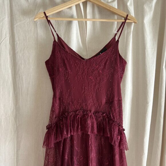 Lulu's Wonderfully Whimsical Burgundy Lace Ruffled Midi Dress - Picture 7 of 13
